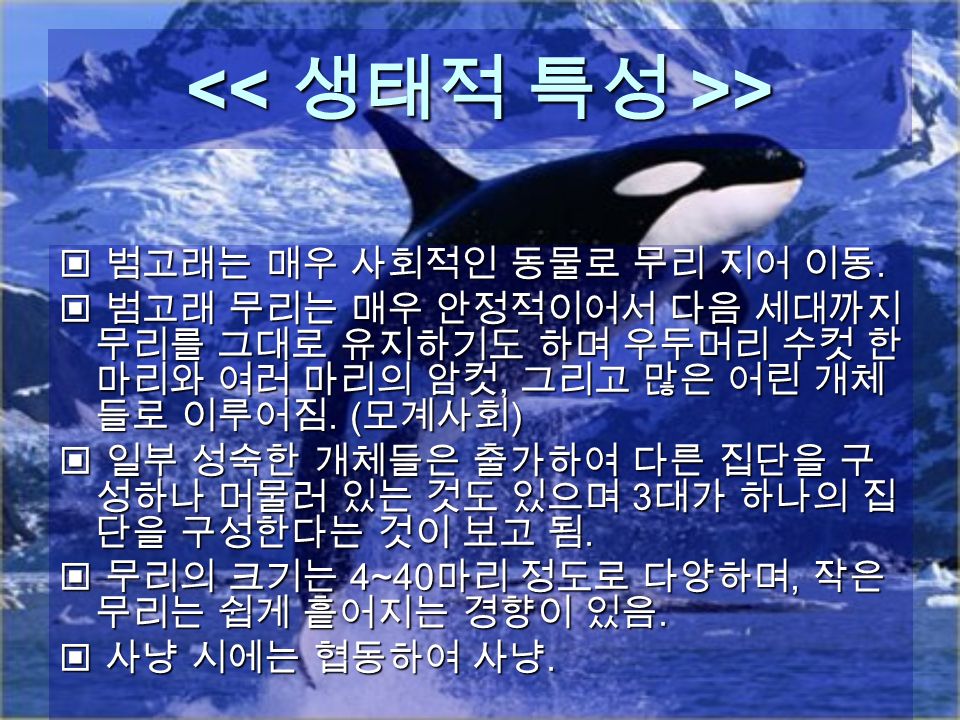 > > 범고래는 매우 사회적인 동물로 무리 지어 이동. 범고래는 매우 사회적인 동물로 무리 지어 이동.