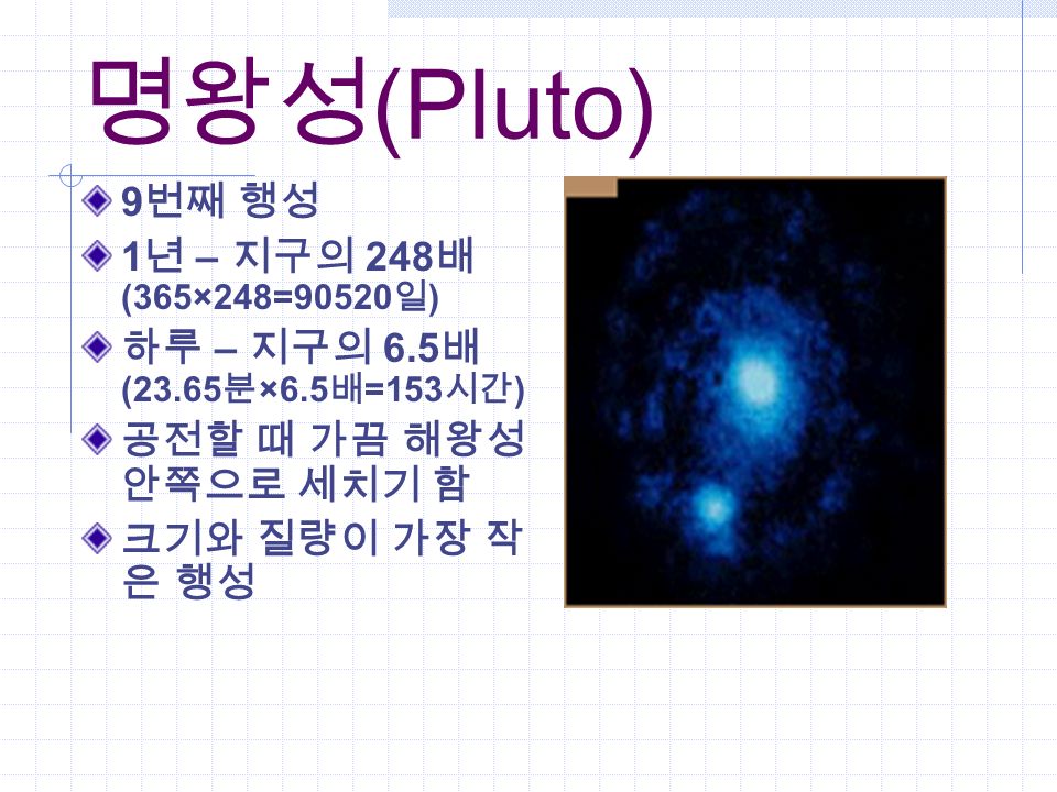 명왕성 (Pluto) 9 번째 행성 1 년 – 지구의 248 배 (365×248=90520 일 ) 하루 – 지구의 6.5 배 (23.65 분 ×6.5 배 =153 시간 ) 공전할 때 가끔 해왕성 안쪽으로 세치기 함 크기와 질량이 가장 작 은 행성