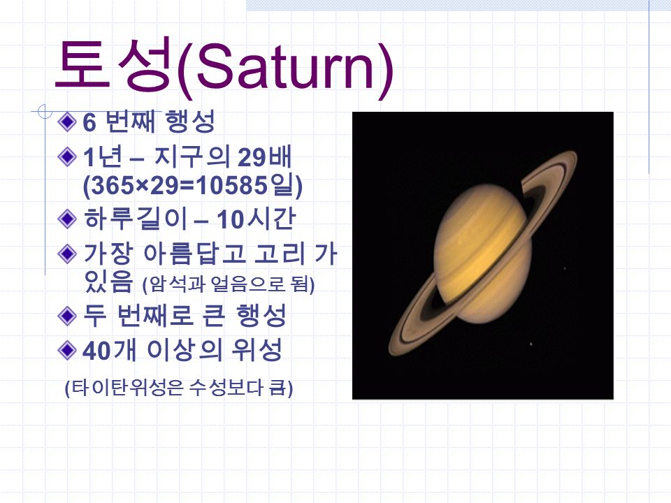 토성 (Saturn) 6 번째 행성 1 년 – 지구의 29 배 (365×29=10585 일 ) 하루길이 – 10 시간 가장 아름답고 고리 가 있음 ( 암석과 얼음으로 됨 ) 두 번째로 큰 행성 40 개 이상의 위성 ( 타이탄위성은 수성보다 큼 )