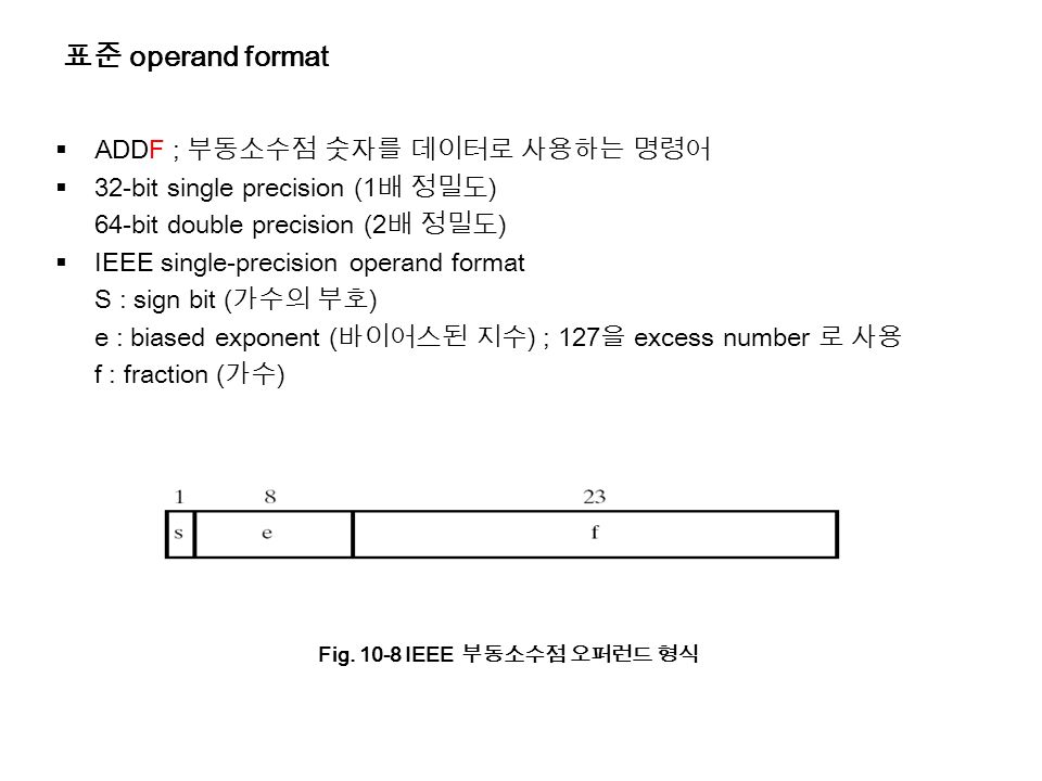 표준 operand format  ADDF ; 부동소수점 숫자를 데이터로 사용하는 명령어  32-bit single precision (1 배 정밀도 ) 64-bit double precision (2 배 정밀도 )  IEEE single-precision operand format S : sign bit ( 가수의 부호 ) e : biased exponent ( 바이어스된 지수 ) ; 127 을 excess number 로 사용 f : fraction ( 가수 ) Fig.