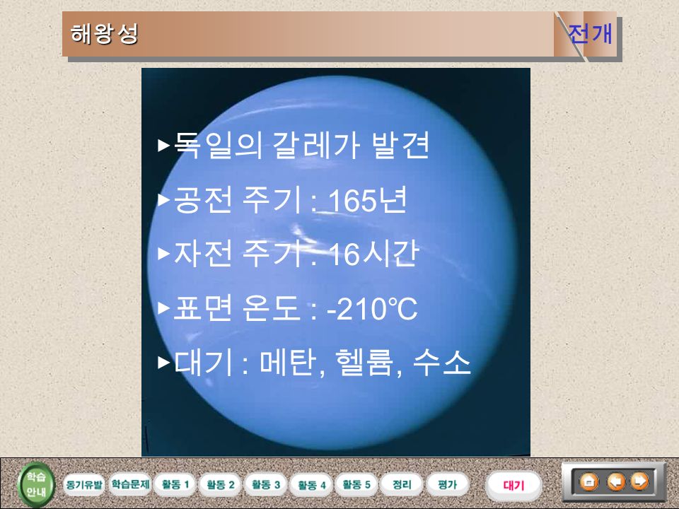 천왕성천왕성 ▶영국의 허셀이 망원경으로 관측 ▶공전 주기 : 84 년 ▶자전 주기 : 11 시간 ▶표면 온도 : -160 ℃ ▶대기 : 메탄, 헬륨, 수소 ▶자전축이 공전 궤도면에 평행 전개