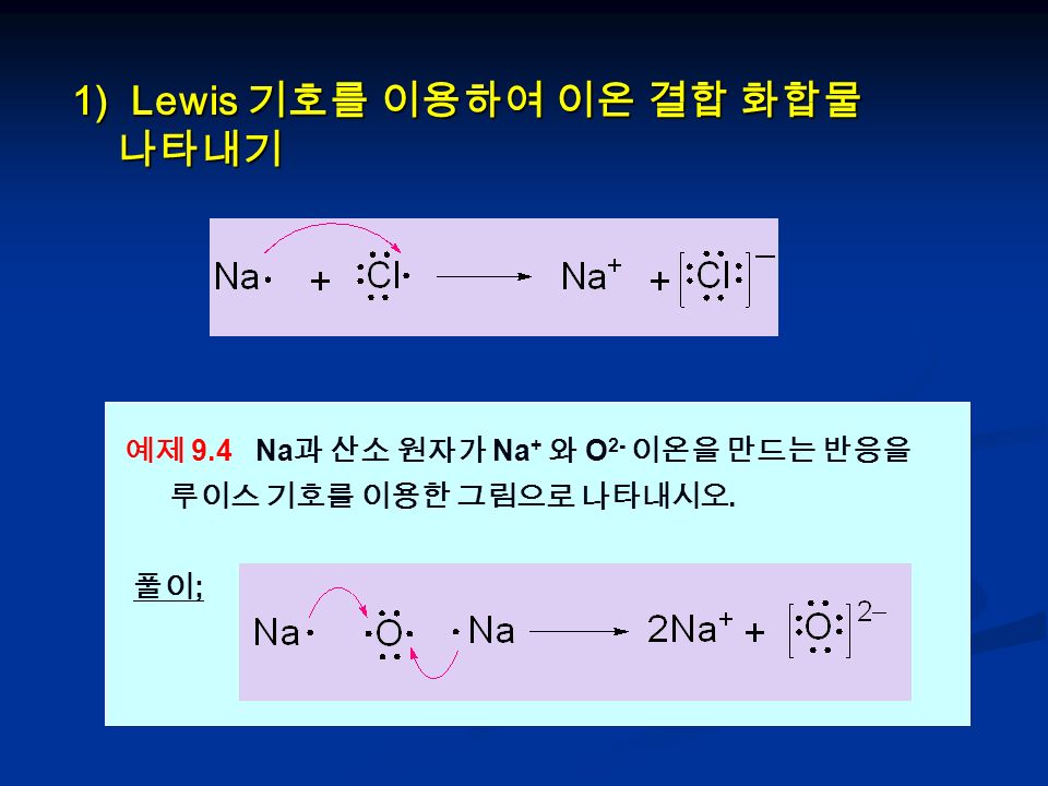 1)Lewis 기호를 이용하여 이온 결합 화합물 나타내기 나타내기 예제 9.4 Na 과 산소 원자가 Na + 와 O 2- 이온을 만드는 반응을 루이스 기호를 이용한 그림으로 나타내시오.