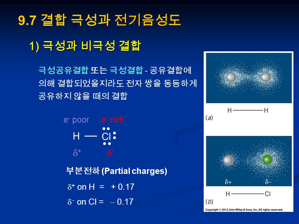 극성공유결합 또는 극성결합 - 공유결합에 의해 결합되었을지라도 전자 쌍을 동등하게 공유하지 않을 때의 결합 전기음성도 9.7 결합 극성과 전기음성도 1) 극성과 비극성 결합 Cl H e - riche - poor ++ -- 부분전하 (Partial charges)  + on H =   on Cl =  0.17