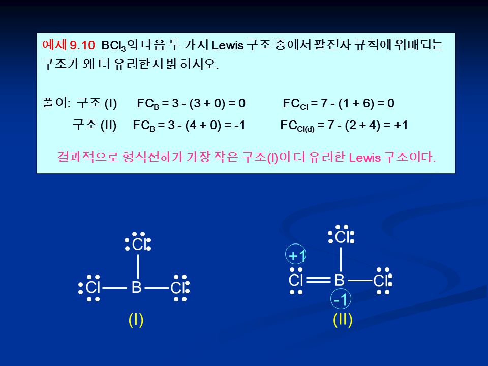 예제 9.10 BCl 3 의 다음 두 가지 Lewis 구조 중에서 팔전자 규칙에 위배되는 구조가 왜 더 유리한지 밝히시오.