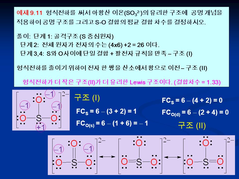 예제 9.11 형식전하를 써서 아황산 이온 (SO 3 2- ) 의 유리한 구조에 공명 개념을 적용하여 공명 구조를 그리고 S-O 결합의 평균 결합 차수를 결정하시오.