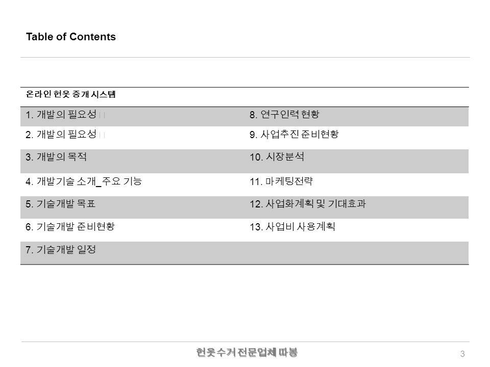 Table of Contents 3 온라인 헌옷 중개 시스템 1. 개발의 필요성 Ⅰ 8.