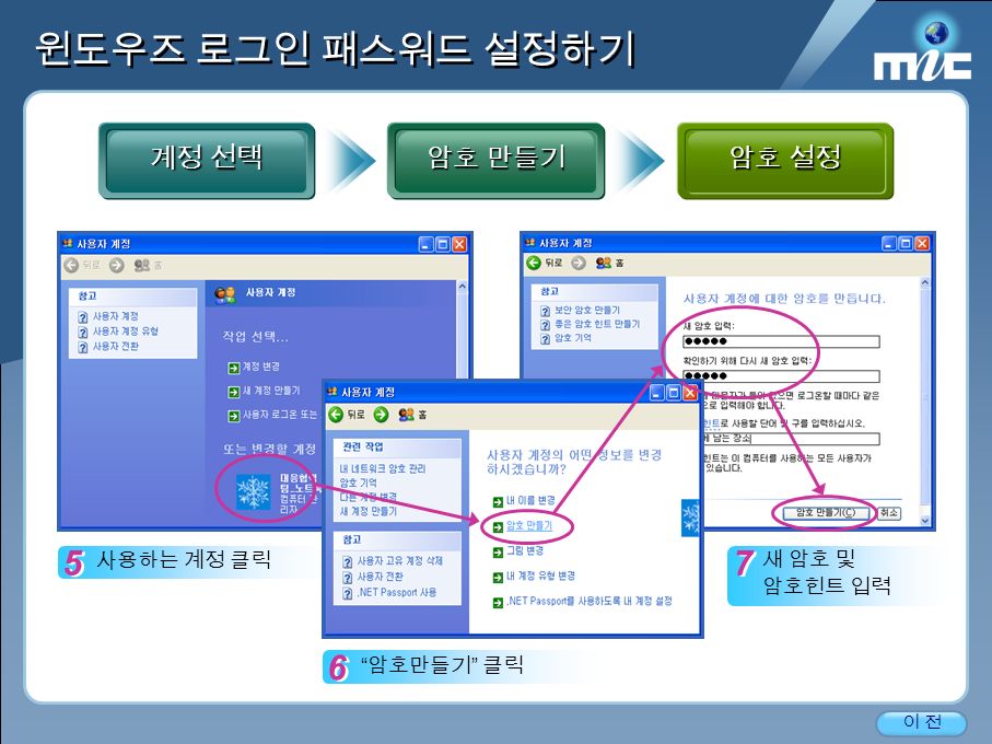 Broadband IT Korea 12 윈도우즈 로그인 패스워드 설정하기 암호 설정 계정 선택 암호 만들기 5 5 사용하는 계정 클릭 6 6 암호만들기 클릭 7 7 새 암호 및 암호힌트 입력 이 전이 전
