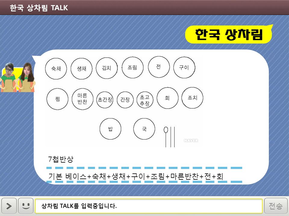 상차림 TALK 를 입력중입니다. 한국 상차림 TALK 한국 상차림 전송 7 첩반상 기본 베이스 + 숙채 + 생채 + 구이 + 조림 + 마른반찬 + 전 + 회