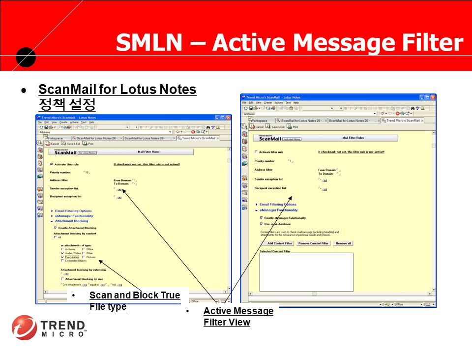 RUNNING HEADER, 14 PT., ALL CAPS, Line Spacing=1 line SMLN – Active Message Filter  ScanMail for Lotus Notes 정책 설정 Active Message Filter View Scan and Block True File type