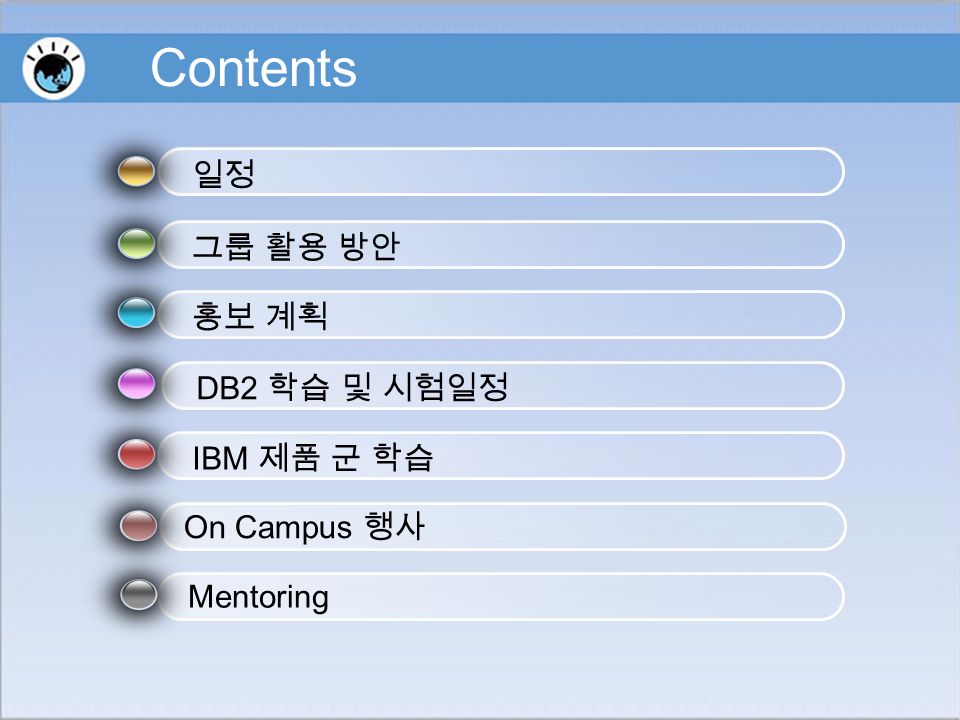 Contents 일정 그룹 활용 방안 홍보 계획 DB2 학습 및 시험일정 IBM 제품 군 학습 On Campus 행사 Mentoring