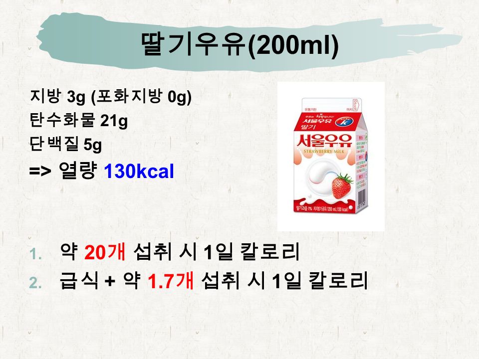딸기우유 (200ml) 지방 3g ( 포화지방 0g) 탄수화물 21g 단백질 5g => 열량 130kcal  약 20 개 섭취 시 1 일 칼로리  급식 + 약 1.7 개 섭취 시 1 일 칼로리