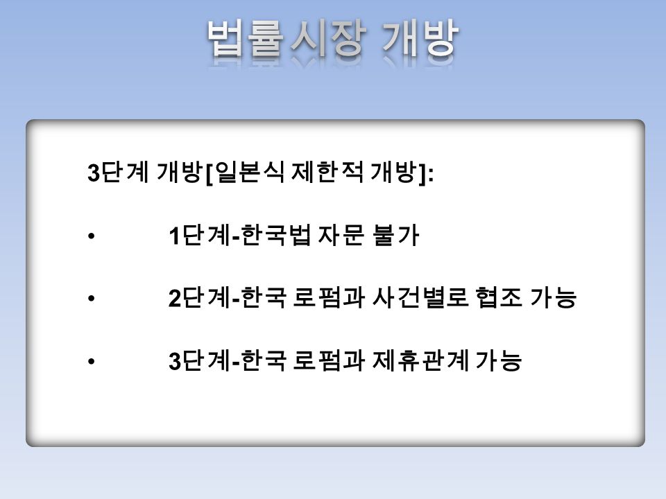 3 단계 개방 [ 일본식 제한적 개방 ]: 1 단계 - 한국법 자문 불가 2 단계 - 한국 로펌과 사건별로 협조 가능 3 단계 - 한국 로펌과 제휴관계 가능