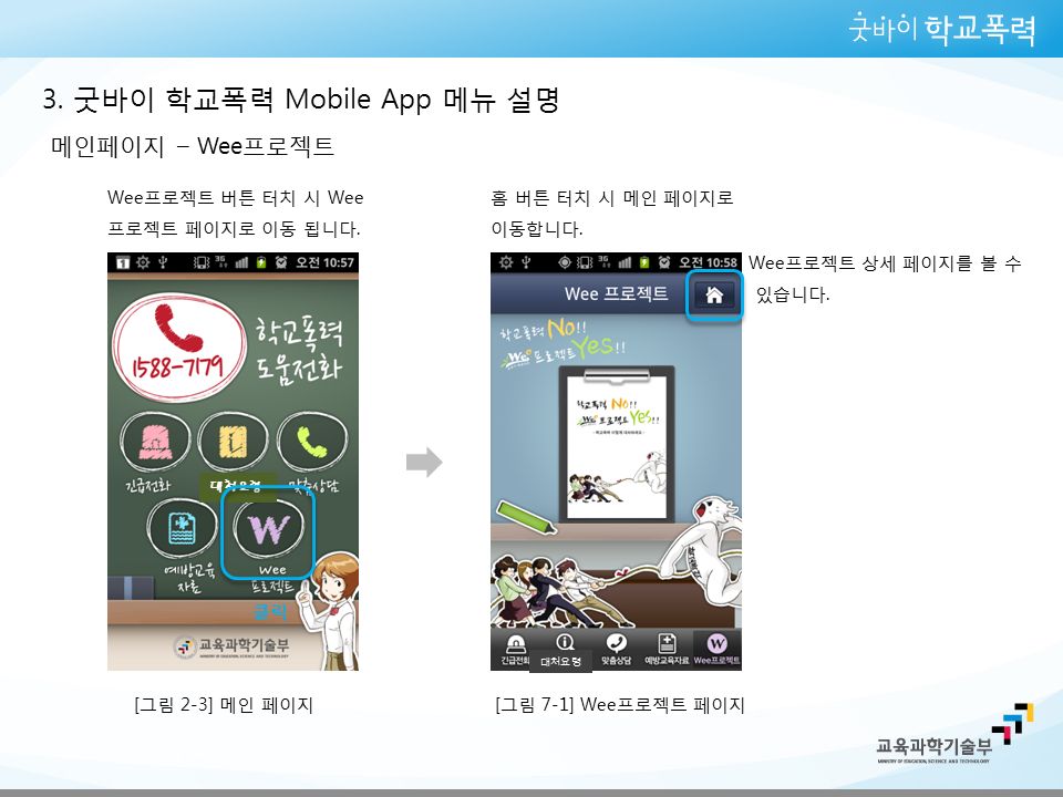 3. 굿바이 학교폭력 Mobile App 메뉴 설명 메인페이지 – Wee프로젝트 Wee프로젝트 버튼 터치 시 Wee 프로젝트 페이지로 이동 됩니다.