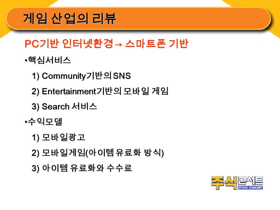게임 산업의 리뷰 PC 기반 인터넷환경 → 스마트폰 기반 핵심서비스 핵심서비스 1) Community 기반의 SNS 1) Community 기반의 SNS 2) Entertainment 기반의 모바일 게임 2) Entertainment 기반의 모바일 게임 3) Search 서비스 3) Search 서비스 수익모델 수익모델 1) 모바일광고 1) 모바일광고 2) 모바일게임 ( 아이템 유료화 방식 ) 2) 모바일게임 ( 아이템 유료화 방식 ) 3) 아이템 유료화와 수수료 3) 아이템 유료화와 수수료