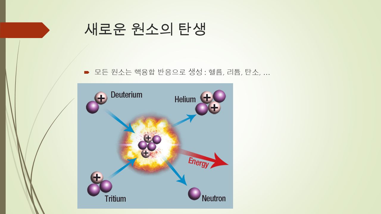 새로운 원소의 탄생  모든 원소는 핵융합 반응으로 생성 : 헬륨, 리튬, 탄소, …