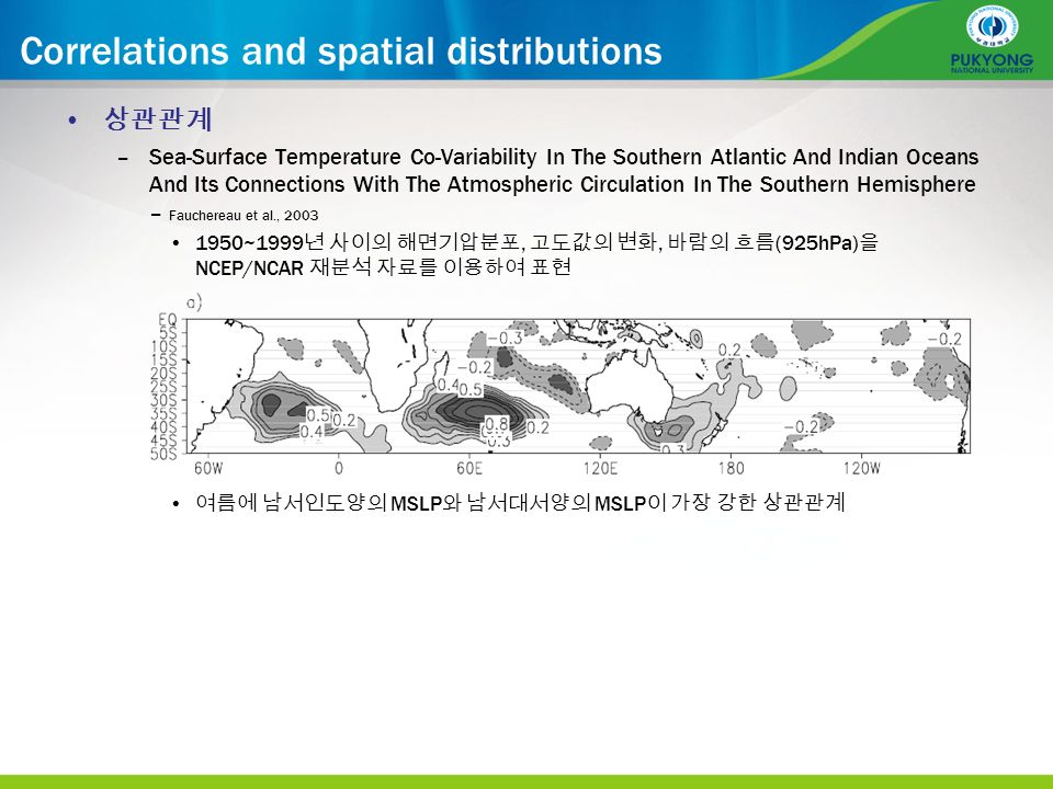Correlations and spatial distributions 상관관계 –Sea-Surface Temperature Co-Variability In The Southern Atlantic And Indian Oceans And Its Connections With The Atmospheric Circulation In The Southern Hemisphere – Fauchereau et al., ~1999 년 사이의 해면기압분포, 고도값의 변화, 바람의 흐름 (925hPa) 을 NCEP/NCAR 재분석 자료를 이용하여 표현 여름에 남서인도양의 MSLP 와 남서대서양의 MSLP 이 가장 강한 상관관계