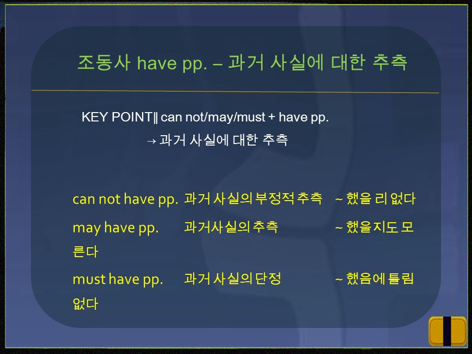 KEY POINT ∥ can not/may/must + have pp. → 과거 사실에 대한 추측 조동사 have pp.