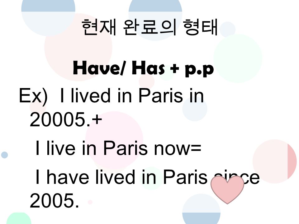 현재 완료의 형태 Have/ Has + p.p Ex) I lived in Paris in I live in Paris now= I have lived in Paris since 2005.