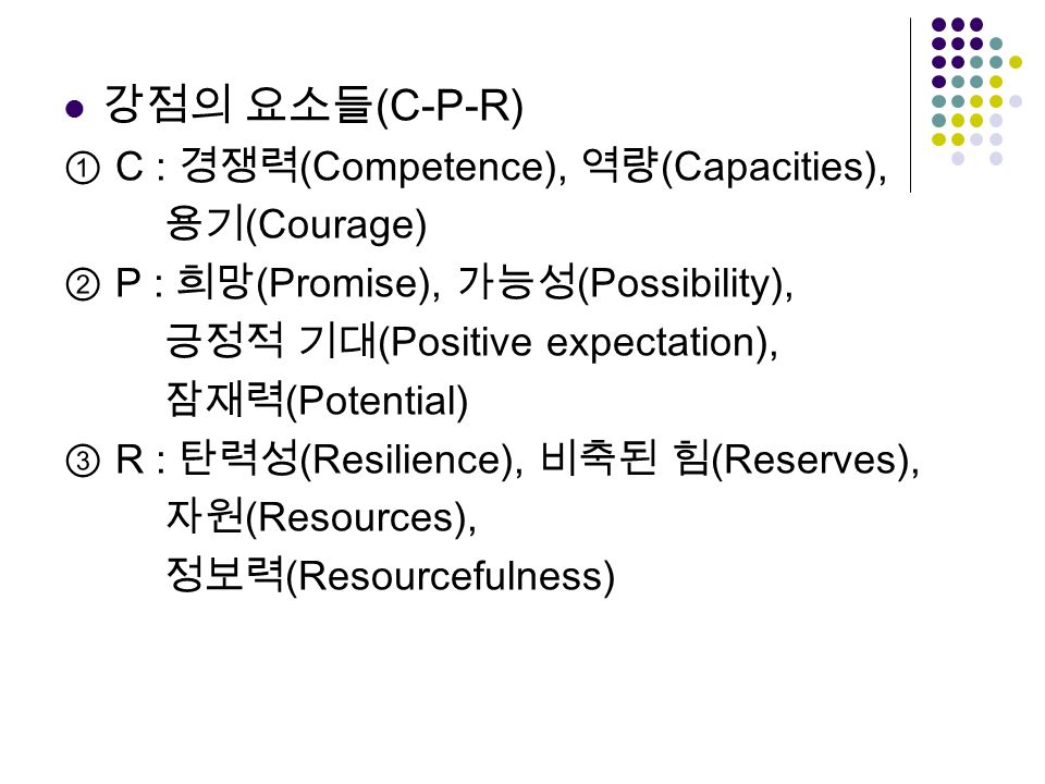 강점의 요소들 (C-P-R) ① C : 경쟁력 (Competence), 역량 (Capacities), 용기 (Courage) ② P : 희망 (Promise), 가능성 (Possibility), 긍정적 기대 (Positive expectation), 잠재력 (Potential) ③ R : 탄력성 (Resilience), 비축된 힘 (Reserves), 자원 (Resources), 정보력 (Resourcefulness)