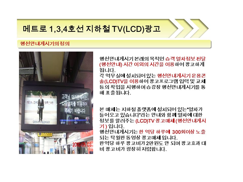 메트로 1,3,4 호선 지하철 TV(LCD) 광고 본 매체는 지하철 플랫폼에 설치되어 있는 열차가 들어오고 있습니다 라는 안내와 함께 열차에 대한 정보를 알려주는 (LCD)TV 광고매체 ( 행선안내게시 기 ) 입니다.