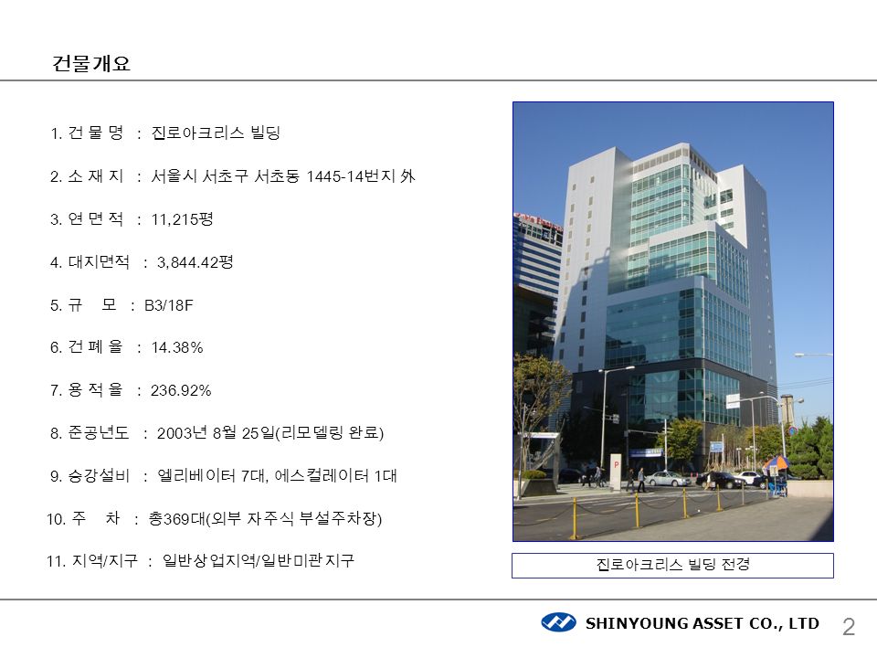 SHINYOUNG ASSET CO., LTD 2 건물개요 1. 건 물 명 : 진로아크리스 빌딩 2.