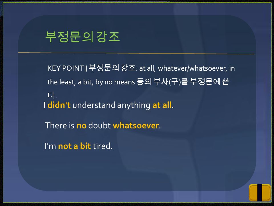 KEY POINT ∥ 부정문의 강조 : at all, whatever/whatsoever, in the least, a bit, by no means 등의 부사 ( 구 ) 를 부정문에 쓴 다.