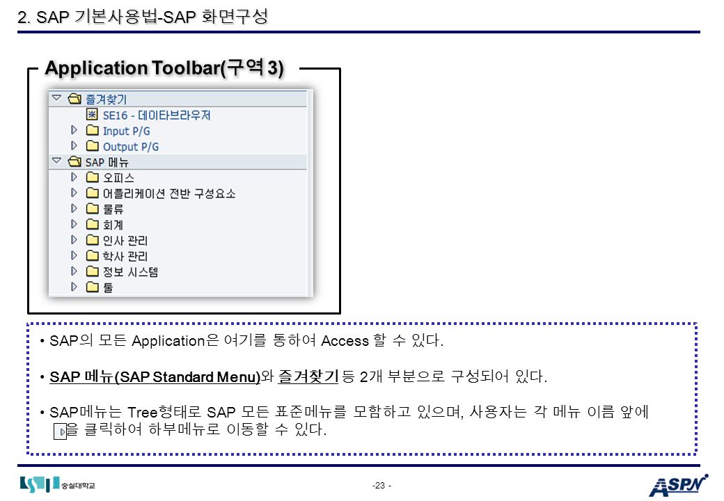 SAP 기본사용법 -SAP 화면구성 SAP 의 모든 Application 은 여기를 통하여 Access 할 수 있다.