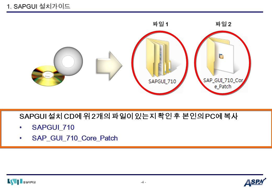 -4 - SAPGUI 설치 CD 에 위 2 개의 파일이 있는지 확인 후 본인의 PC 에 복사 SAPGUI_710 SAP_GUI_710_Core_Patch 1.