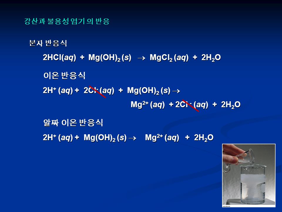분자 반응식 2HCl(aq) + Mg(OH) 2 (s)  MgCl 2 (aq) + 2H 2 O 이온 반응식 2H + (aq) + 2Cl - (aq) + Mg(OH) 2 (s)  Mg 2+ (aq) + 2Cl - (aq) + 2H 2 O Mg 2+ (aq) + 2Cl - (aq) + 2H 2 O 알짜 이온 반응식 2H + (aq) + Mg(OH) 2 (s)  Mg 2+ (aq) + 2H 2 O 강산과 불용성 염기 의 반응