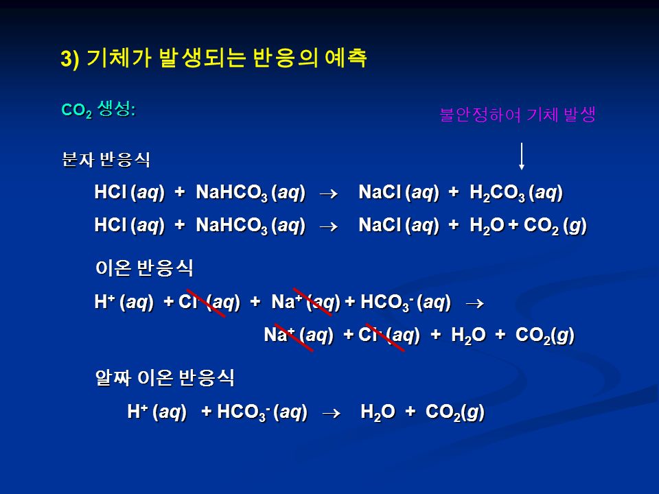 3) 기체가 발생되는 반응의 예측 CO 2 생성 : 분자 반응식 HCl (aq) + NaHCO 3 (aq)  NaCl (aq) + H 2 CO 3 (aq) HCl (aq) + NaHCO 3 (aq)  NaCl (aq) + H 2 O + CO 2 (g) 이온 반응식 H + (aq) + Cl - (aq) + Na + (aq) + HCO 3 - (aq)  Na + (aq) + Cl - (aq) + H 2 O + CO 2 (g) Na + (aq) + Cl - (aq) + H 2 O + CO 2 (g) 알짜 이온 반응식 H + (aq) + HCO 3 - (aq)  H 2 O + CO 2 (g) 불안정하여 기체 발생