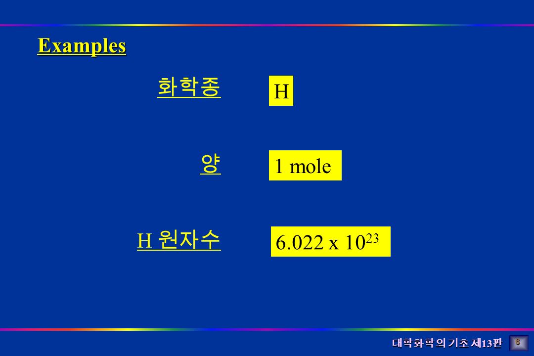 대학화학의 기초 제 13 판 ExamplesExamples 화학종 양 H 원자수 H 1 mole x