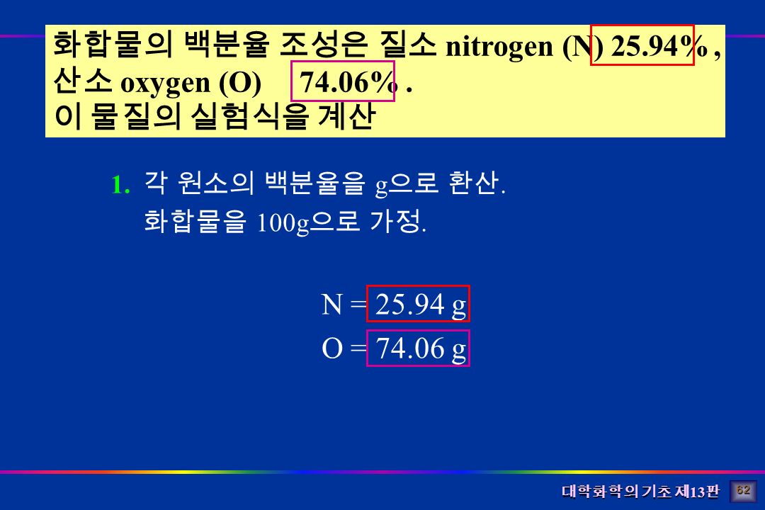 대학화학의 기초 제 13 판 화합물의 백분율 조성은 질소 nitrogen (N) 25.94%, 산소 oxygen (O) 74.06%.
