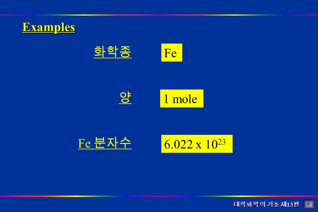 대학화학의 기초 제 13 판 화학종 양 Fe 분자수 Fe 1 mole x Examples