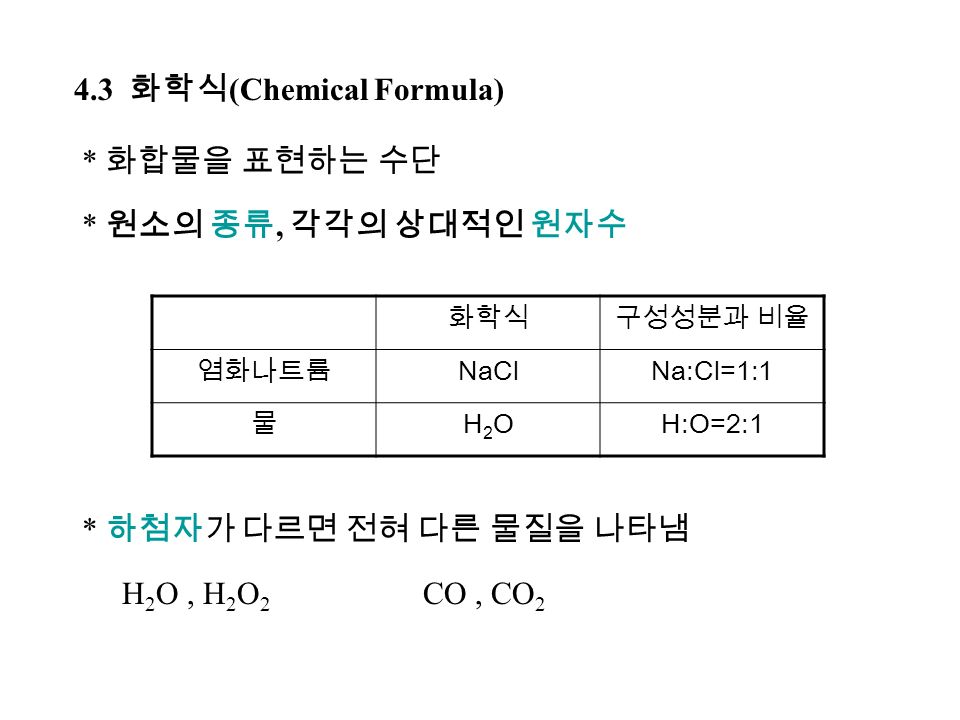 4.3 화학식 (Chemical Formula) * 화합물을 표현하는 수단 * 원소의 종류, 각각의 상대적인 원자수 화학식구성성분과 비율 염화나트륨 NaClNa:Cl=1:1 물 H2OH2OH:O=2:1 * 하첨자가 다르면 전혀 다른 물질을 나타냄 H 2 O, H 2 O 2 CO, CO 2