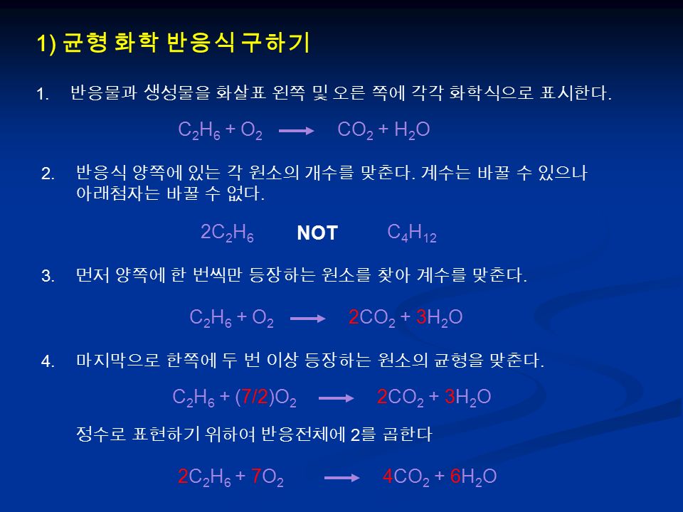 1) 균형 화학 반응식 구하기 1. 반응물과 생성물을 화살표 왼쪽 및 오른 쪽에 각각 화학식으로 표시한다.