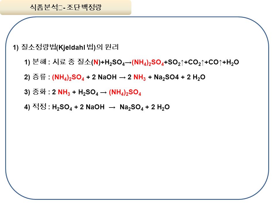식품분석Ⅰ - 조단백정량 1) 질소정량법 (Kjeldahl 법 ) 의 원리 1) 분해 : 시료 중 질소 (N)+H 2 SO 4 →(NH 4 ) 2 SO 4 +SO 2 ↑+CO 2 ↑+CO↑+H 2 O 2) 증류 : (NH 4 ) 2 SO NaOH → 2 NH 3 + Na 2 SO4 + 2 H 2 O 3) 중화 : 2 NH 3 + H 2 SO 4 → (NH 4 ) 2 SO 4 4) 적정 : H 2 SO NaOH → Na 2 SO H 2 O