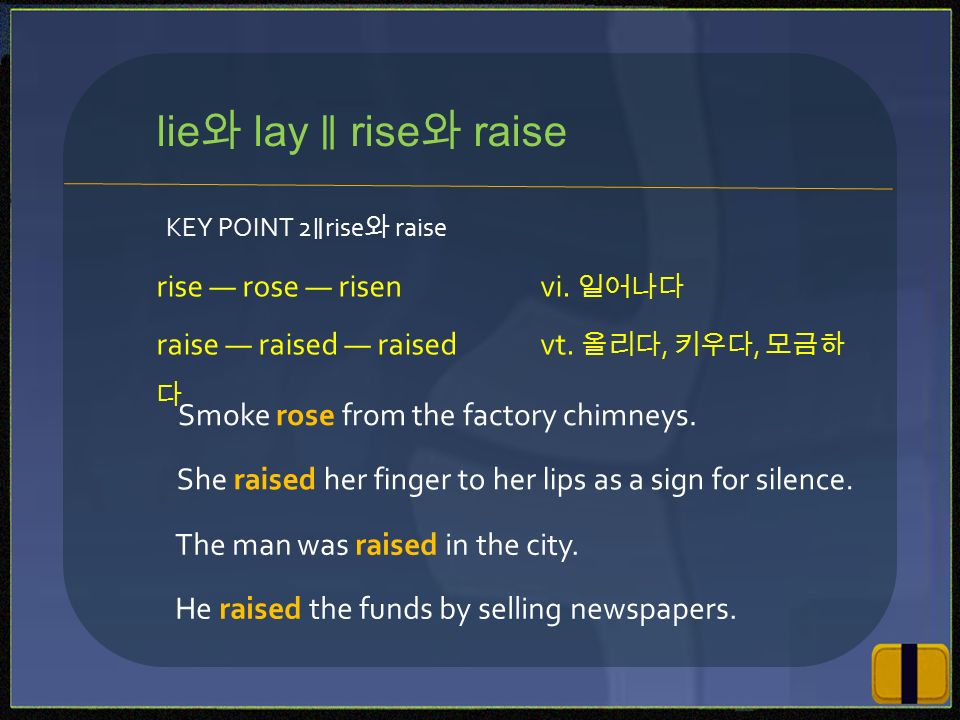 KEY POINT 2 ∥ rise 와 raise rise ― rose ― risenvi. 일어나다 raise ― raised ― raisedvt.