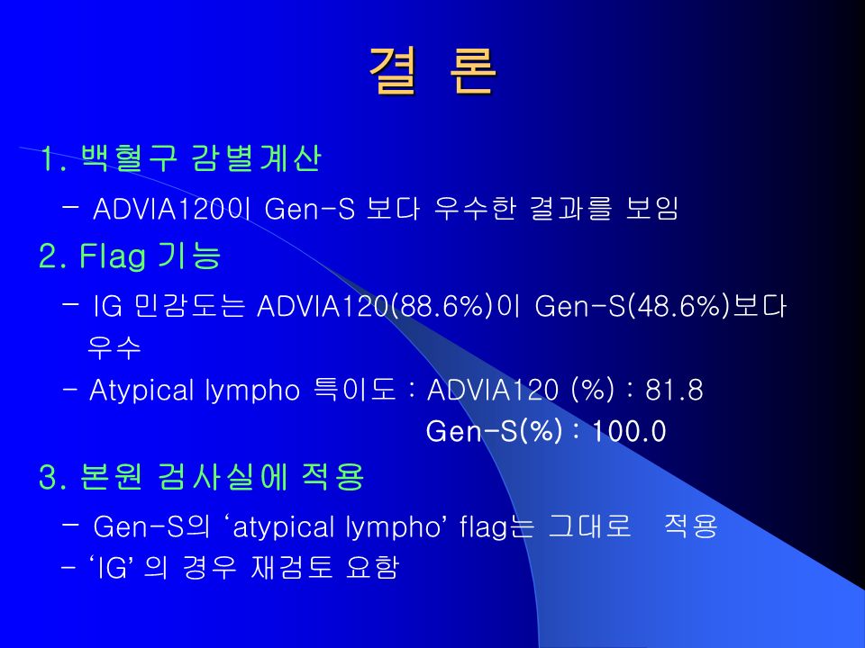 결 론 1. 백혈구 감별계산 - ADVIA120이 Gen-S 보다 우수한 결과를 보임 2.