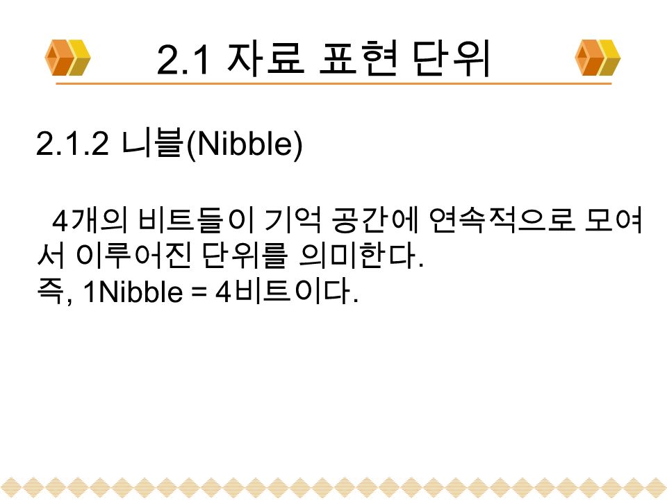 2.1 자료 표현 단위 니블 (Nibble) 4 개의 비트들이 기억 공간에 연속적으로 모여 서 이루어진 단위를 의미한다. 즉, 1Nibble = 4 비트이다.