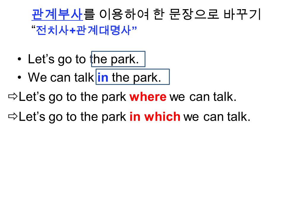 관계부사를 이용하여 한 문장으로 바꾸기 전치사 + 관계대명사 Let’s go to the park.