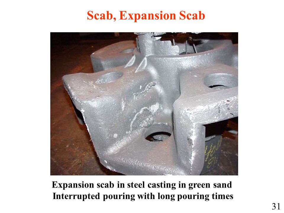 Scab, Expansion Scab Expansion scab in steel casting in green sand Interrupted pouring with long pouring times 31