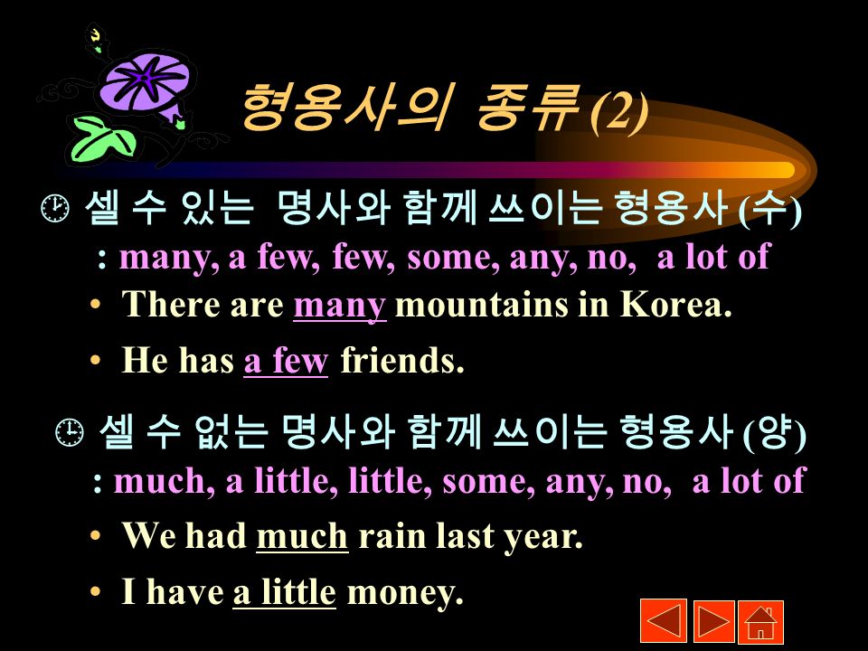 There are many mountains in Korea. He has a few friends.