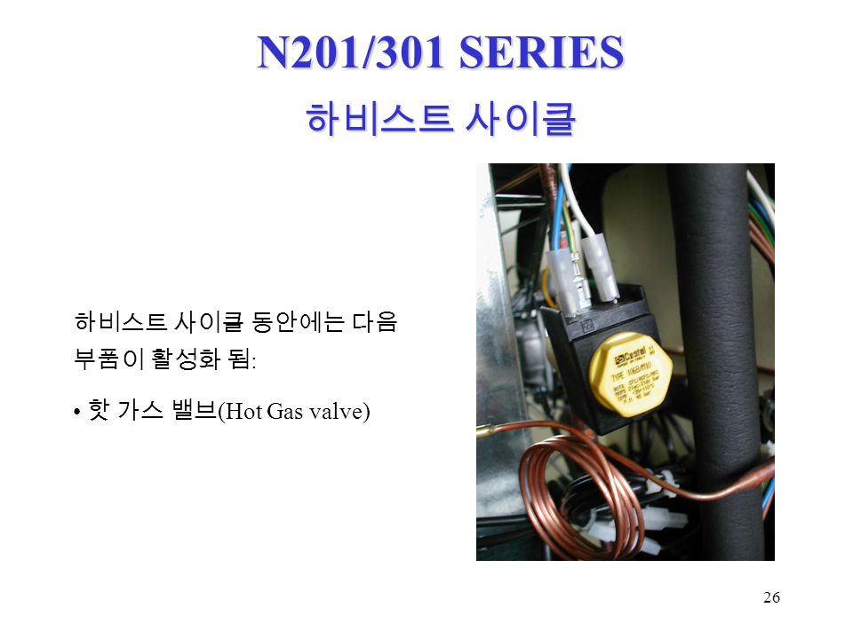 26 N201/301 SERIES 하비스트 사이클 동안에는 다음 부품이 활성화 됨 : 핫 가스 밸브 (Hot Gas valve) 하비스트 사이클