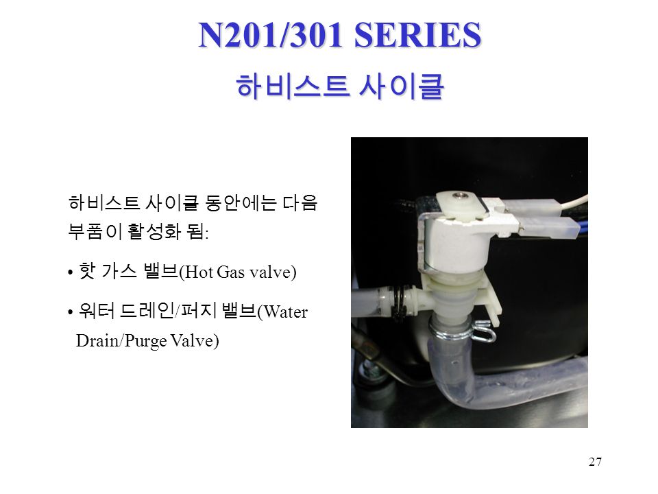 27 N201/301 SERIES 하비스트 사이클 동안에는 다음 부품이 활성화 됨 : 핫 가스 밸브 (Hot Gas valve) 워터 드레인 / 퍼지 밸브 (Water Drain/Purge Valve) 하비스트 사이클