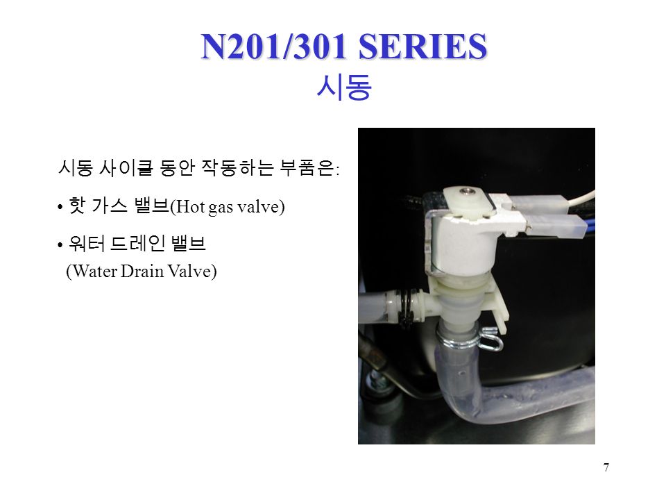 7 N201/301 SERIES 시동 사이클 동안 작동하는 부품은 : 핫 가스 밸브 (Hot gas valve) 워터 드레인 밸브 (Water Drain Valve) 시동