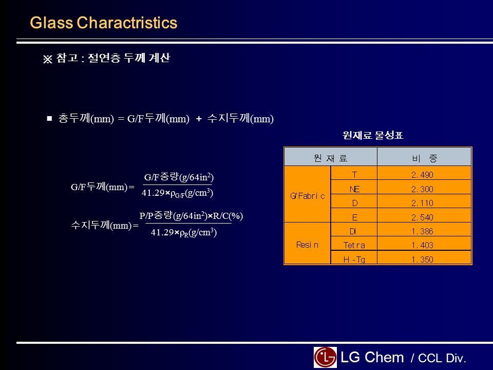 G/F 두께 (mm) = 41.29×ρ G/F (g/cm 3 ) G/F 중량 (g/64in 2 ) P/P 중량 (g/64in 2 )×R/C(%) 수지두께 (mm) = 41.29×ρ R (g/cm 3 ) ■ 총두께 (mm) = G/F 두께 (mm) ＋ 수지두께 (mm) LG Chem / CCL Div.