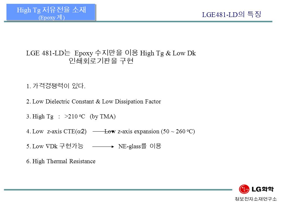 정보전자소재연구소 LGE481-LD 의 특징 LGE 481-LD 는 Epoxy 수지만을 이용 High Tg & Low Dk 인쇄회로기판을 구현 1.