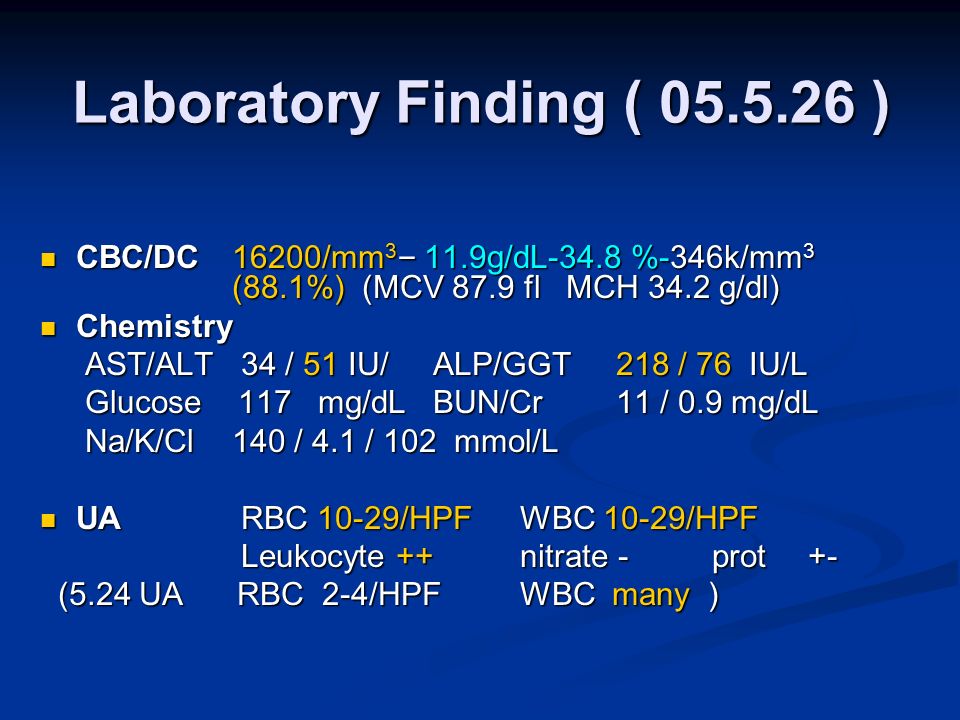 Laboratory Finding ( ) CBC/DC16200/mm 3 – 11.9g/dL-34.8 %-346k/mm 3 (88.1%) (MCV 87.9 fl MCH 34.2 g/dl) CBC/DC16200/mm 3 – 11.9g/dL-34.8 %-346k/mm 3 (88.1%) (MCV 87.9 fl MCH 34.2 g/dl) Chemistry Chemistry AST/ALT 34 / 51 IU/ ALP/GGT 218 / 76 IU/L AST/ALT 34 / 51 IU/ ALP/GGT 218 / 76 IU/L Glucose 117 mg/dL BUN/Cr 11 / 0.9 mg/dL Glucose 117 mg/dL BUN/Cr 11 / 0.9 mg/dL Na/K/Cl 140 / 4.1 / 102 mmol/L Na/K/Cl 140 / 4.1 / 102 mmol/L UA RBC 10-29/HPF WBC 10-29/HPF UA RBC 10-29/HPF WBC 10-29/HPF Leukocyte ++nitrate -prot+- Leukocyte ++nitrate -prot+- (5.24 UA RBC 2-4/HPFWBC many ) (5.24 UA RBC 2-4/HPFWBC many )