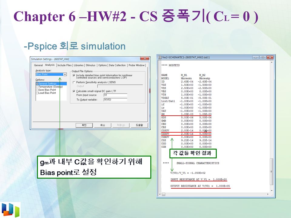 Chapter 6 –HW#2 - CS 증폭기 ( C L = 0 ) -Pspice 회로 simulation g m 과 내부 C 값을 확인하기 위해 Bias point 로 설정 각 값들 확인 결과
