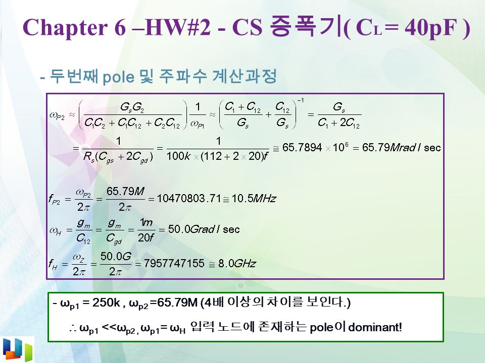 Chapter 6 –HW#2 - CS 증폭기 ( C L = 40pF ) - 두번째 pole 및 주파수 계산과정 - ω p1 = 250k, ω p2 =65.79M (4 배 이상의 차이를 보인다.) ∴ ω p1 <<ω p2, ω p1 = ω H 입력 노드에 존재하는 pole 이 dominant!